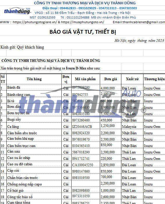 PHỤ TÙNG ISUZU DMAX MỚI NHẤT