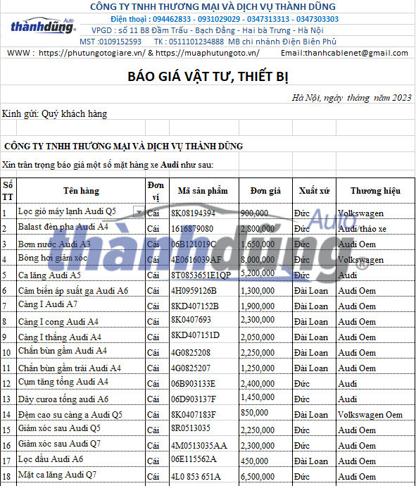 PHỤ TÙNG AUDI MỚI NHẤT