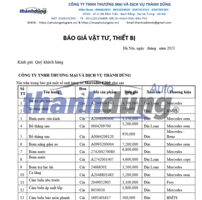 PHỤ TÙNG XE MERCEDES C300 MỚI NHẤT