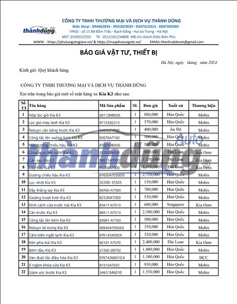 PHỤ TÙNG XE KIA K3 MỚI NHẤT